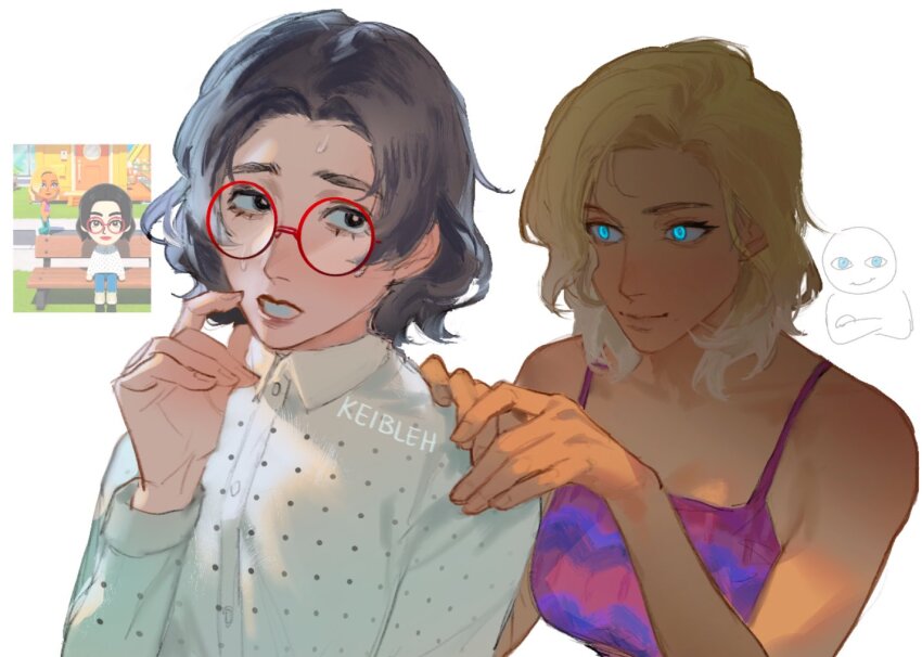 2girls artist_name black_eyes black_hair blonde_hair blue_eyes collared_shirt glasses keibleh mii_(nintendo) multiple_girls nintendo purple_tank_top red-framed_eyewear reference_inset round_eyewear shirt tank_top tomodachi_life tomodachi_life:_living_the_dream white_background white_shirt