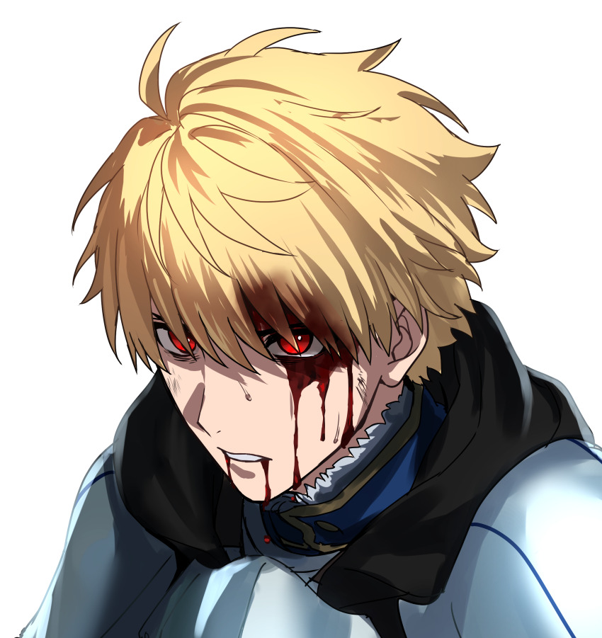 1boy absurdres alternate_eye_color armor arthur_pendragon_(fate) blonde_hair blood blood_in_hair blood_on_face fate/prototype fate_(series) high_collar highres looking_ahead male_focus parted_lips portrait red_eyes seseragi_azuma short_hair simple_background solo sweat white_background
