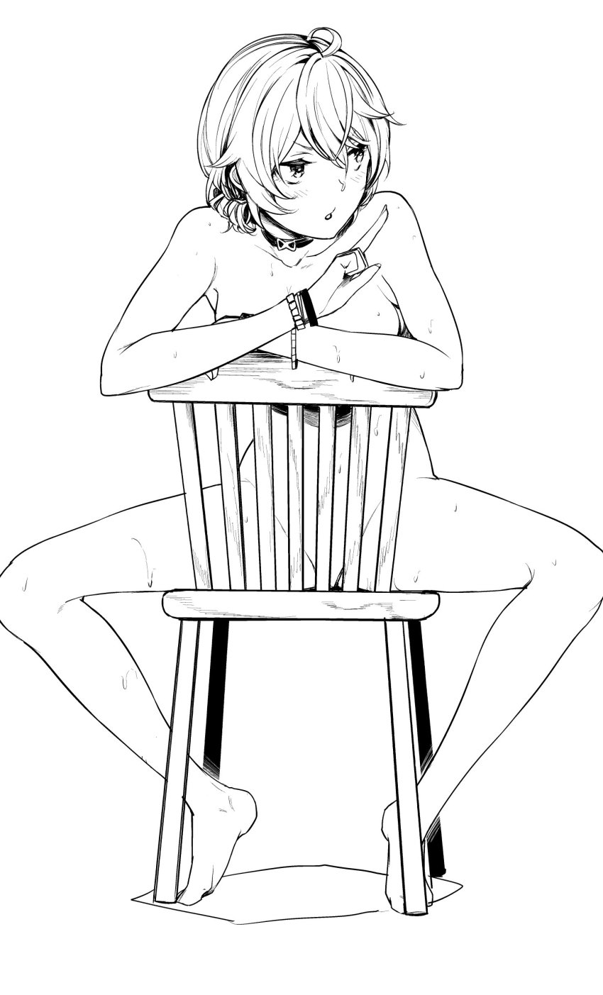 1girl absurdres akagi_asahito bracelet chair chair_censor choker convenient_censoring female_focus fuha_mika_(akagi_asahito) greyscale highres jewelry monochrome nude on_chair original short_hair simple_background sitting sitting_backwards solo spread_legs sweat white_background