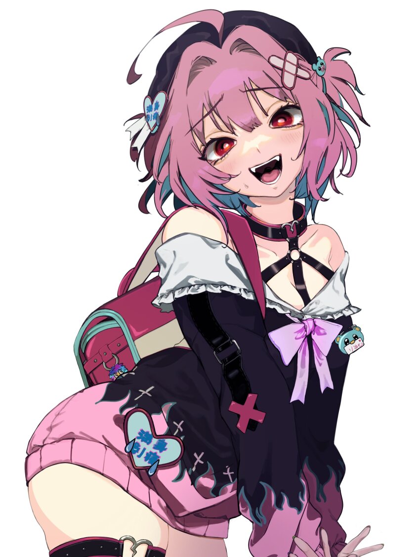 1girl absurdres ahoge backpack bag bandaid bandaid_hair_ornament bare_shoulders between_breasts black_hat blue_hair blush bow breasts dress fangs flame_print hair_ornament hat highres idolmaster idolmaster_cinderella_girls looking_at_viewer multicolored_hair name_tag one_side_up open_mouth pink_bow pink_hair randoseru red_eyes short_dress short_hair simple_background solo strap_between_breasts sweat thigh_strap umashio_potechi-san white_background yumemi_riamu