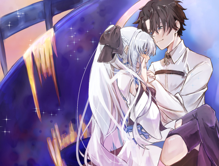 1boy 1girl anomeneko black_dress black_hair black_ribbon black_thighhighs blue_eyes collared_shirt commission dress fate/grand_order fate_(series) fujimaru_ritsuka_(male) grey_hair hair_ribbon hand_on_another&#039;s_face long_hair long_sleeves looking_at_another morgan_le_fay_(fate) morgan_le_fay_(first_ascension)_(fate) ponytail ribbon shirt short_hair thighhighs two-tone_dress very_long_hair white_dress white_shirt