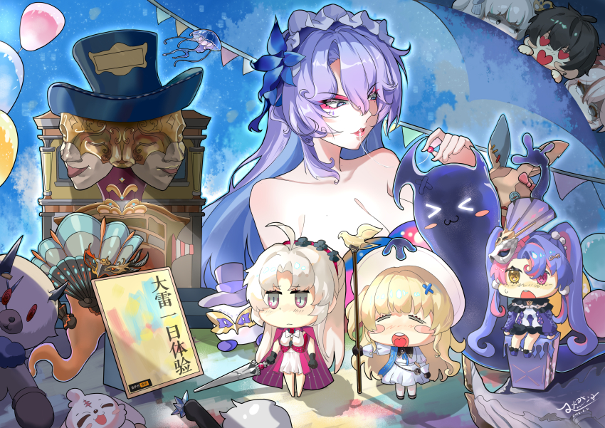 &gt;3&lt; 1boy 6+girls abby_(wuthering_waves) absurdres ahoge balloon bare_legs bare_shoulders barefoot bear black_gloves black_hair black_horns black_ribbon black_shoes blonde_hair blue_flower blue_hat blue_sash blue_sky bow bowtie button_eyes buttons camellya_(wuthering_waves) cantarella_(wuthering_waves) carlotta_(wuthering_waves) character_doll chibi closed_eyes coat confused covering_breasts covering_privates dress eye_mask flower fumo_(doll) gloves hair_flower hair_ornament hair_ribbon hand_fan hat headband headdress heart heart_in_eye heart_in_mouth heterochromia highres holding holding_weapon horns jellyfish_girl jinhsi_(wuthering_waves) key_hair_ornament male_rover_(wuthering_waves) mask mask_on_head multicolored_eyes multicolored_hair multiple_girls open_mouth pero_(wuthering_waves) phoebe_(wuthering_waves) pink_hair purple_coat purple_dress purple_hair purple_shoes rabbit red_bow red_bowtie red_lips ribbon roccia_(wuthering_waves) rover_(wuthering_waves) sash shared_blanket shirt shoes sitting skirt sky stuffed_toy suitcase symbol_in_eye tacet_discord_(wuthering_waves) tacet_mark_(wuthering_waves) theater twintails two-tone_eyes two-tone_hair uncomfortable weapon white_dress white_hair white_shirt white_skirt wuthering_waves x_hair_ornament yuki_i_ta