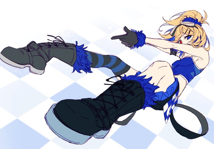 1girl blonde_hair blue_eyes blue_hair boots breasts crop_top finger_gun frilled_shorts frills full_body fur-trimmed_boots fur-trimmed_gloves fur_trim gloves goggles goggles_on_head hair_ornament hairclip heterochromia highres kagamine_rin kagamine_rin_(burning_stone) lace-up_boots long_hair midriff multicolored_hair page59 ponytail project_diva_(series) red_eyes shirt shorts single_thighhigh sleeveless sleeveless_shirt small_breasts solo streaked_hair striped_clothes striped_thighhighs thighhighs vocaloid