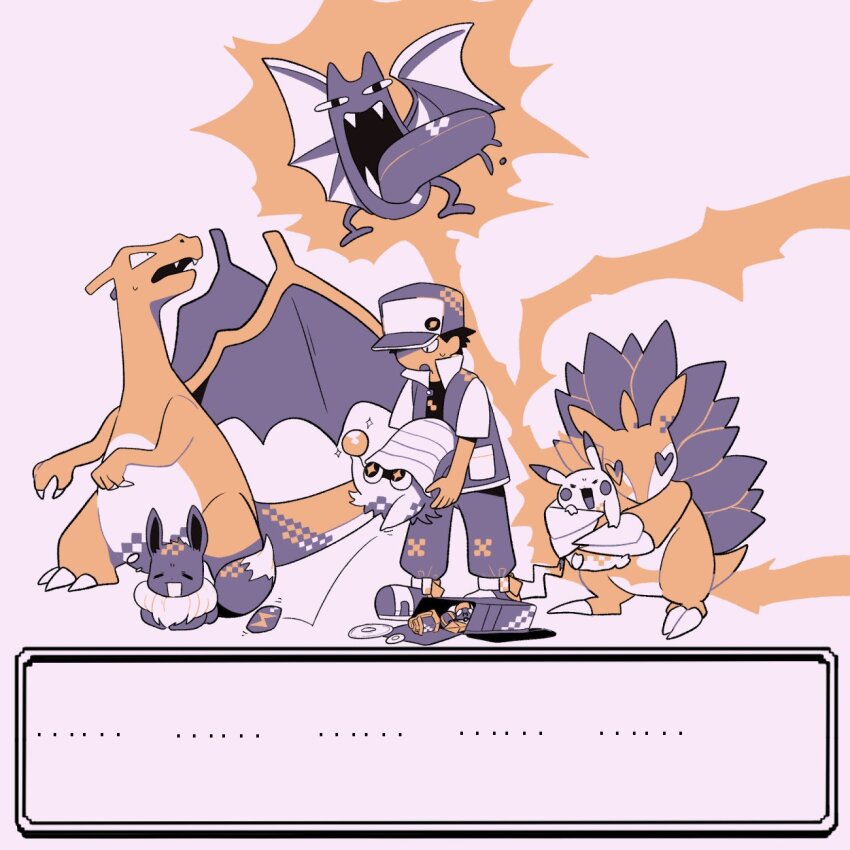 1boy :o charizard commentary_request creatures_(company) dialogue_box eevee evolution_stone evolutionary_stone game_freak gen_1_pokemon golbat hat highres holding holding_pokemon jacket limited_palette looking_down male_focus nintendo omanyte open_clothes open_jacket open_mouth pants pikachu pokemon pokemon_(creature) pokemon_rgby red_(pokemon) sandslash shirt shoes short_hair short_sleeves squeans sweatdrop thunder_stone tyako_089