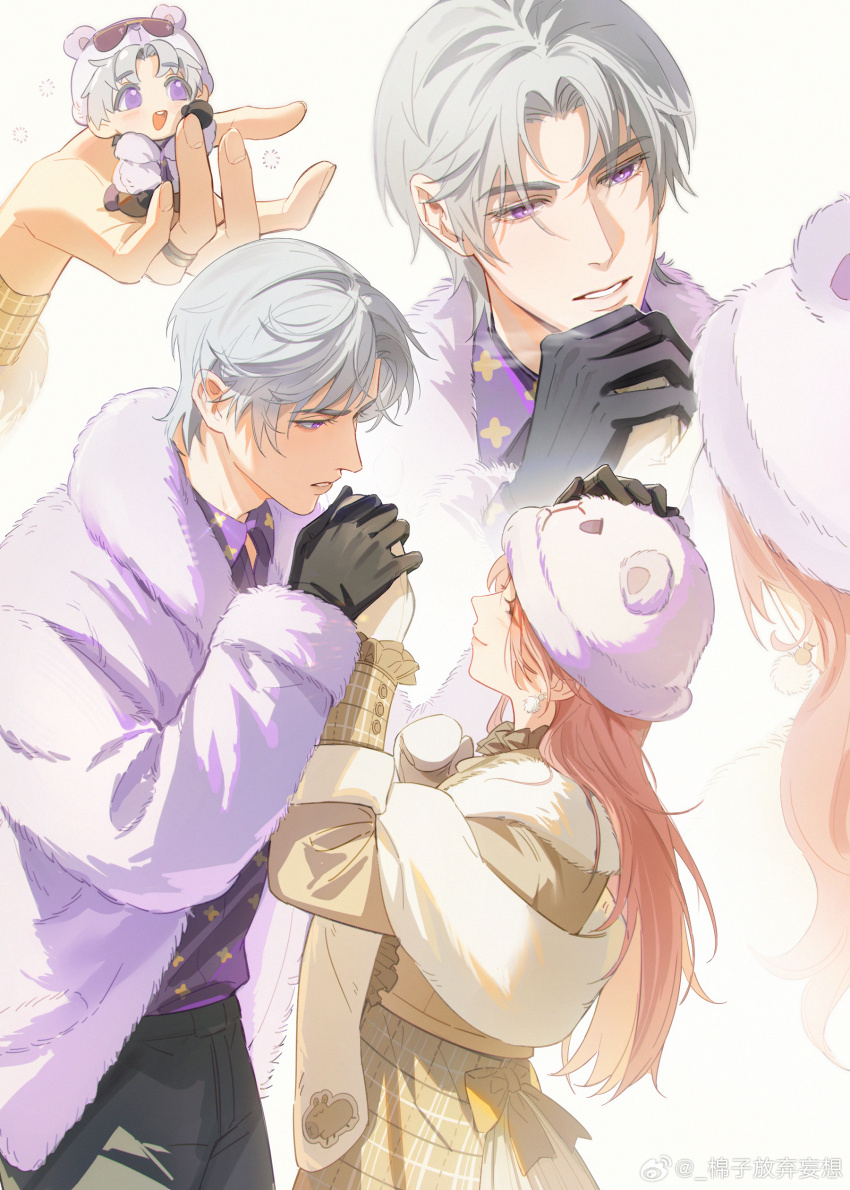 1boy 1girl ^_^ absurdres black_gloves black_pants brown_dress charlie_su chibi closed_eyes closed_mouth coat couple dress eyelashes fingernails fur_coat fur_hat gloves grey_hair happy hat highres light_and_night_love lips long_hair looking_at_another mian_zi_fangqi_wangxiang multiple_views pants parted_bangs parted_lips pink_hair protagonist_(light_and_night_love) purple_coat purple_eyes purple_hair purple_shirt scarf shirt short_hair smile