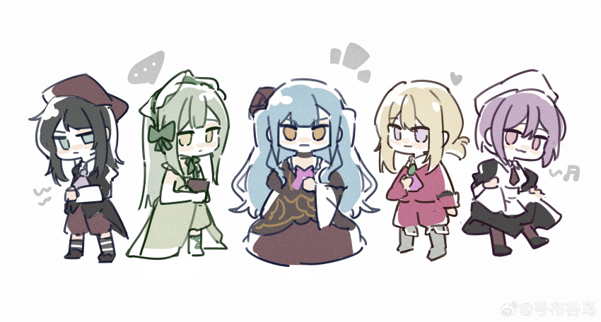 ... 5girls absurdres amoris_(bang_dream!) ascot ave_mujica_(bang_dream!) bang_dream! bang_dream!_it&#039;s_mygo!!!!! beatrice_(umineko) beatrice_(umineko)_(cosplay) black_hair black_jacket black_pantyhose blonde_hair blue_hair bonnet brown_dress chinese_commentary clair_vaux_bernardus clair_vaux_bernardus_(cosplay) commentary_request cosplay doloris_(bang_dream!) dress elbow_gloves gloves green_brooch green_dress green_eyes green_hair haobuguniao hat highres jacket kanon_(umineko) kanon_(umineko)_(cosplay) long_hair long_sleeves medium_hair misumi_uika mortis_(bang_dream!) mortis_(costume)_(bang_dream!) multiple_girls musical_note necktie oblivionis_(bang_dream!) pantyhose pink_ascot pink_eyes purple_ascot purple_eyes red_hat red_necktie shannon_(umineko) shannon_(umineko)_(cosplay) short_hair spoken_ellipsis timoris_(bang_dream!) togawa_sakiko umineko_no_naku_koro_ni ushiromiya_lion ushiromiya_lion_(cosplay) wakaba_mutsumi watermark weibo_watermark white_gloves white_hat yahata_umiri yellow_eyes yuutenji_nyamu