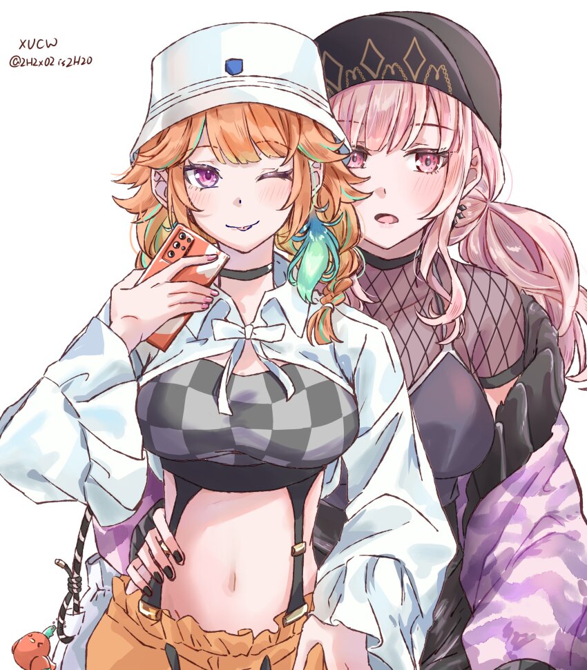 2girls absurdres alternate_costume blush breasts choker couple earrings feather_earrings feathers gradient_hair green_hair hat highres hololive hololive_english jewelry kotori_(takanashi_kiara) large_breasts long_hair looking_at_viewer mori_calliope multicolored_hair multiple_girls open_mouth orange_hair pink_hair purple_eyes smile takanashi_kiara virtual_youtuber xu_chin-wen yuri