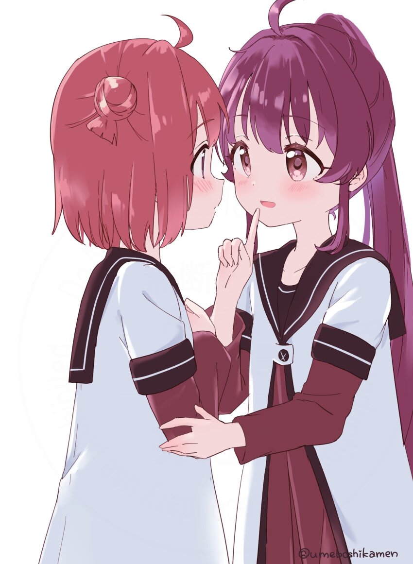 2girls :d ahoge akaza_akari blush brown_sailor_collar collarbone commentary_request double_bun dress hair_between_eyes hair_bun highres layered_sleeves long_sleeves looking_at_another mearian medium_hair multiple_girls nanamori_school_uniform open_mouth ponytail purple_eyes purple_hair red_dress sailor_collar school_uniform shirt short_over_long_sleeves short_sleeves sidelocks simple_background smile sugiura_ayano twitter_username white_background white_shirt yuri yuruyuri