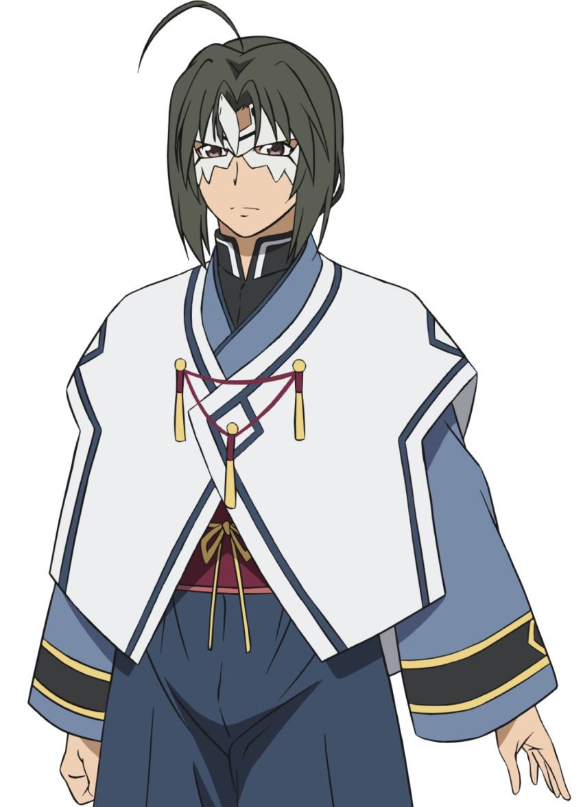 1boy ahoge ainu_clothes aquaplus brown_eyes brown_hair closed_mouth cowboy_shot haku_(utawarerumono) highres long_sleeves mask medium_hair nakata_masahiko official_art parted_bangs sidelocks solo standing transparent_background utawarerumono utawarerumono:_futari_no_hakuoro white_fox_(company) wide_sleeves