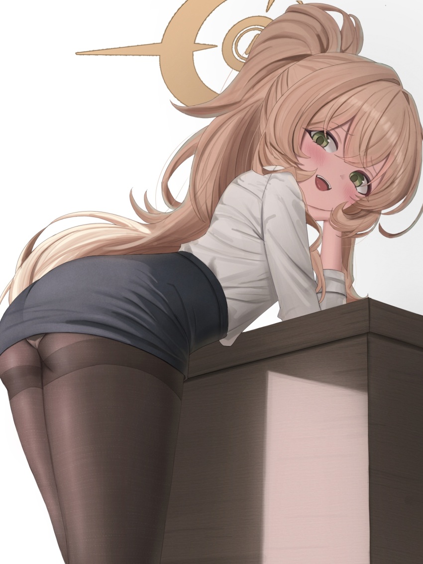 1girl :d absurdres alternate_costume arm_support ass bent_over black_pantyhose black_skirt blonde_hair blue_archive blush commentary doli from_side green_eyes hair_between_eyes halo hand_support head_on_hand highres indoors leaning_forward leaning_on_table loli long_hair long_sleeves looking_at_viewer looking_back miniskirt naughty_face open_mouth panties panties_under_pantyhose pantyhose pencil_skirt ponytail professor_niyaniya_(blue_archive) professor_niyaniya_(teacher)_(blue_archive) shirt shirt_tucked_in skirt sleeves_rolled_up smile solo standing teeth thighband_pantyhose thighs underwear upper_teeth_only very_long_hair white_background white_panties white_shirt yellow_halo