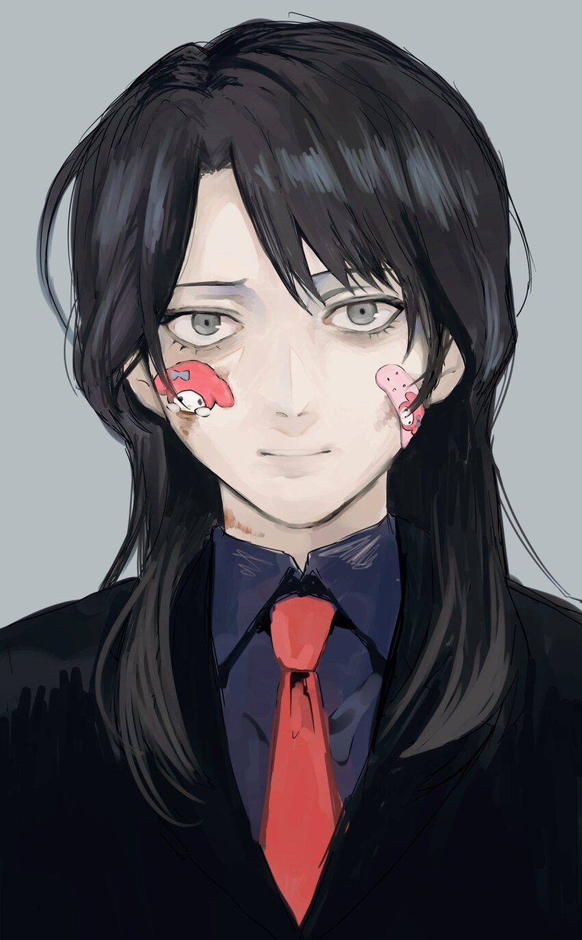 1boy bandaid bandaid_on_cheek bandaid_on_face black_hair black_jacket blazer burn_scar closed_mouth collared_shirt commentary_request formal_clothes grey_background grey_eyes grey_shirt highres ichijou_seiya jacket kaiji karasumaichiu long_hair looking_at_viewer male_focus my_melody necktie onegai_my_melody red_necktie sanrio scar shirt simple_background smile solo sticker_on_face suit upper_body