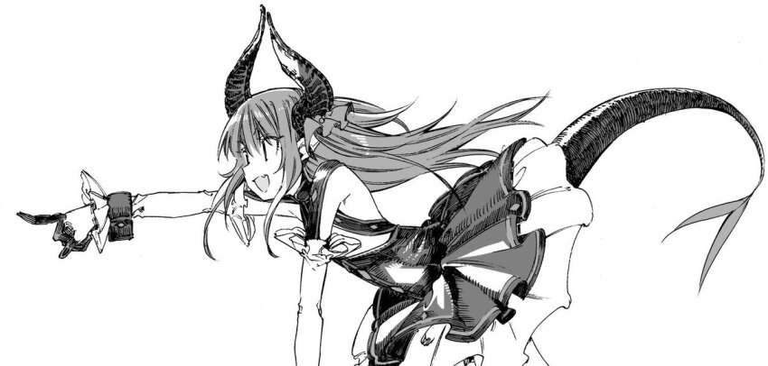 1girl abara_heiki black_dress commentary_request detached_sleeves dress elizabeth_bathory_(fate) elizabeth_bathory_(fate/extra) fangs fate_(series) from_side greyscale horns leaning_forward long_hair monochrome open_mouth outstretched_arm pointing simple_background smile solo tail white_background wrist_cuffs