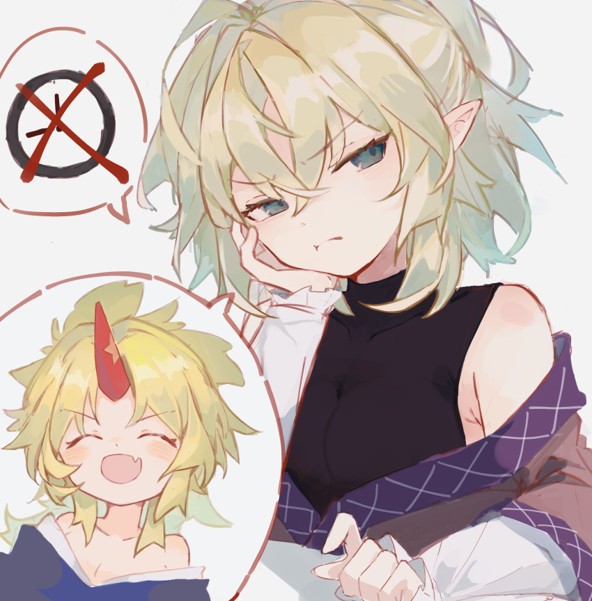 2girls :d ^_^ absurdres arm_support bare_shoulders black_shirt blonde_hair breasts brown_shirt cleavage clock closed_eyes closed_mouth commentary_request fang grey_background grey_eyes hand_on_own_cheek hand_on_own_face highres hinataku1222 horns hoshiguma_yuugi layered_shirt long_hair long_sleeves looking_at_viewer medium_hair mizuhashi_parsee multiple_girls off_shoulder open_mouth pointy_ears pout red_horns shirt simple_background single_horn skin_fang sleeveless sleeveless_shirt smile speech_bubble touhou upper_body