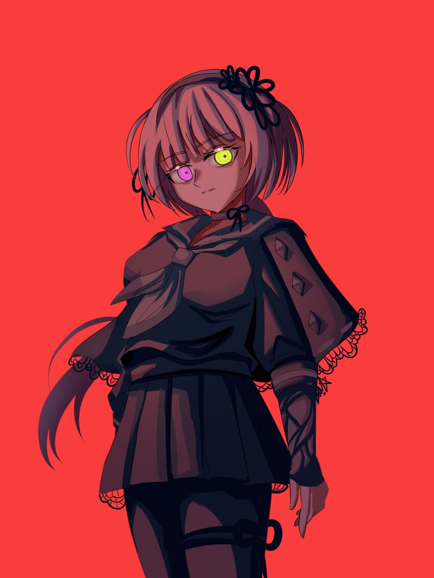 1girl absurdres arms_at_sides assault_lily black_capelet black_gloves black_hairband black_pantyhose black_ribbon black_sailor_collar black_serafuku black_shirt black_skirt breasts capelet closed_mouth commentary cowboy_shot elbow_gloves fingerless_gloves flower gloves green_eyes grey_hair grey_jacket grey_neckerchief h_ans_(hmn_anz) hair_flower hair_ornament hair_ribbon hairband heterochromia highres jacket lace lace-trimmed_capelet lace-trimmed_skirt lace_trim limited_palette long_hair long_sleeves low_ponytail medium_breasts miniskirt neckerchief pantyhose pink_eyes ponytail red_background ribbon sailor_collar school_uniform serafuku shirt simple_background skirt solo standing thigh_strap very_long_hair yamaguchi_chihiro_(assault_lily)