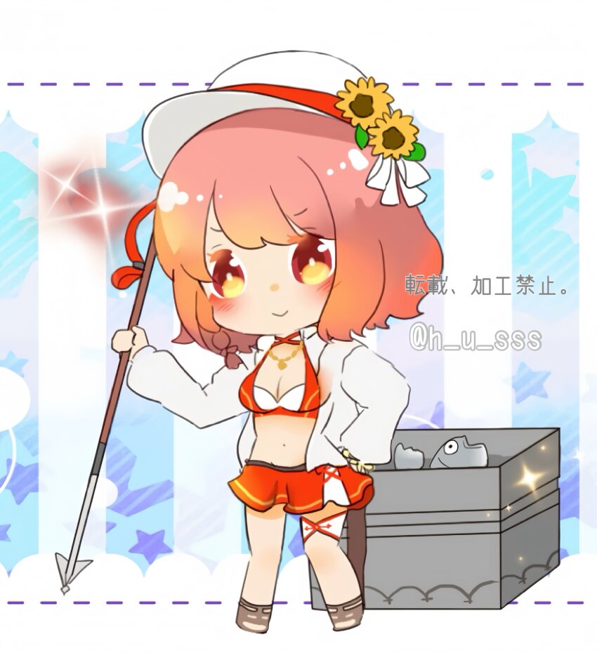 1girl bikini breasts brown_sandals cooler fire_emblem fire_emblem_engage fire_emblem_heroes fish flat_cap flower h_u_sss hat highres holding_harpoon jacket lapis_(fire_emblem) lapis_(forager_of_the_sea)_(fire_emblem) medium_breasts nintendo official_alternate_costume open_box pink_eyes pink_hair red_bikini sandals solo sunflower swimsuit two-tone_hat white_hat white_jacket
