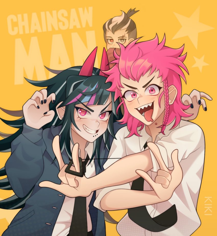 1girl 2boys :d black_hair black_nails black_necktie braid chainsaw_man collared_shirt cosplay danganronpa_(series) danganronpa_2:_goodbye_despair denji_(chainsaw_man) denji_(chainsaw_man)_(cosplay) fang green_hair grin hands_up heterochromia highres horns jacket kiki_witch looking_at_viewer medium_hair multiple_boys nail_polish necktie open_clothes open_jacket open_mouth pink_eyes pink_hair power_(chainsaw_man) power_(chainsaw_man)_(cosplay) red_scarf scarf sharp_teeth shirt short_sleeves side_braid smile soda_kazuichi star_(symbol) tanaka_gundham teeth tongue tongue_out upper_body white_hair white_shirt yellow_background