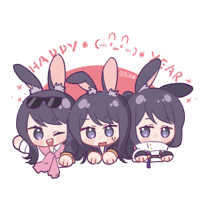3boys absurdres animal_ear_fluff animal_ears black_hair black_jacket blush_stickers chibi chibi_only chinese_zodiac happy_new_year high_collar highres jacket jacket_around_neck long_hair male_focus multiple_boys multiple_persona new_year one_eye_closed open_mouth pink_jacket ponytail purple_eyes purple_trim rabbit_ears riko_shinkai shirt smile sweat tales_of_(series) tales_of_vesperia white_jacket white_shirt year_of_the_rabbit yuri_lowell