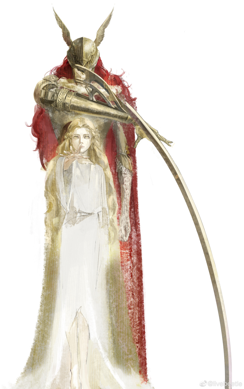 1boy 1girl absurdres androgynous arm_at_side barefoot blonde_hair braid brother_and_sister brown_robe cape chinese_commentary commentary_request covered_eyes dress elden_ring expressionless facing_viewer full_body fur-trimmed_cape fur_trim half_updo height_difference helmet highres long_hair looking_at_viewer malenia_blade_of_miquella mechanical_arms miquella_(elden_ring) outstretched_arm prosthesis prosthetic_arm reaching reaching_towards_viewer red_cape red_hair robe scar scar_on_arm siblings simple_background single_braid single_mechanical_arm siyemmm standing straight-on sword tall_female weapon white_background white_dress wide_sleeves winged_helmet yellow_eyes