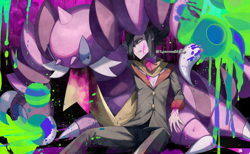 1boy artist_name black_hair buttons claws commentary_request drapion eyelashes fingernails gen_4_pokemon grimsley_(pokemon) highres jacket long_sleeves looking_up male_focus nintendo paint pants pokemon pokemon_(creature) pokemon_bw scarf shirt tongue tongue_out watermark white_shirt yamanashi_taiki yellow_scarf