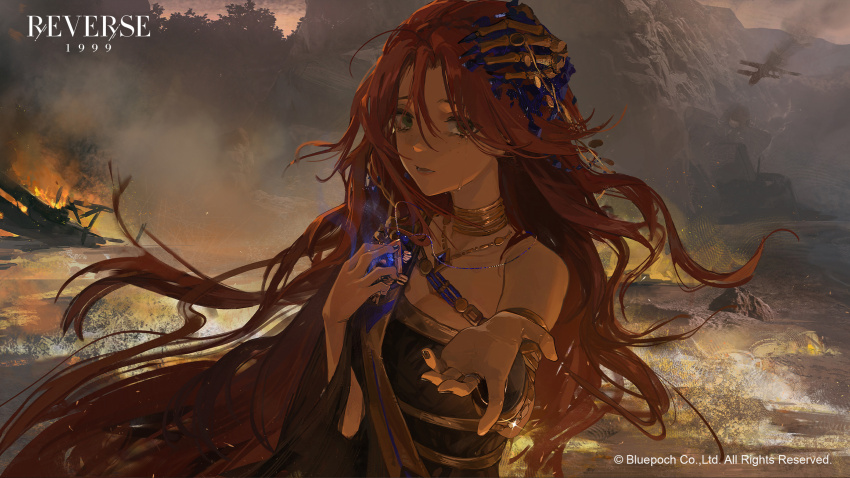 1girl aircraft airplane armlet biplane black_dress blue_gemstone breasts cleavage cliff copyright_name copyright_notice crying dark dark_persona dress expressionless fire floating_hair freckles gem gold_choker green_eyes hair_ornament hand_up highres holding jewelry logo long_hair looking_at_viewer official_art official_wallpaper open_mouth outdoors outstretched_arm outstretched_hand pendant red_hair reverse:1999 single_bare_shoulder single_off_shoulder single_tear solo sophia_(manus_vindictae)_(reverse:1999) sophia_(reverse:1999) spoilers upper_body wreckage