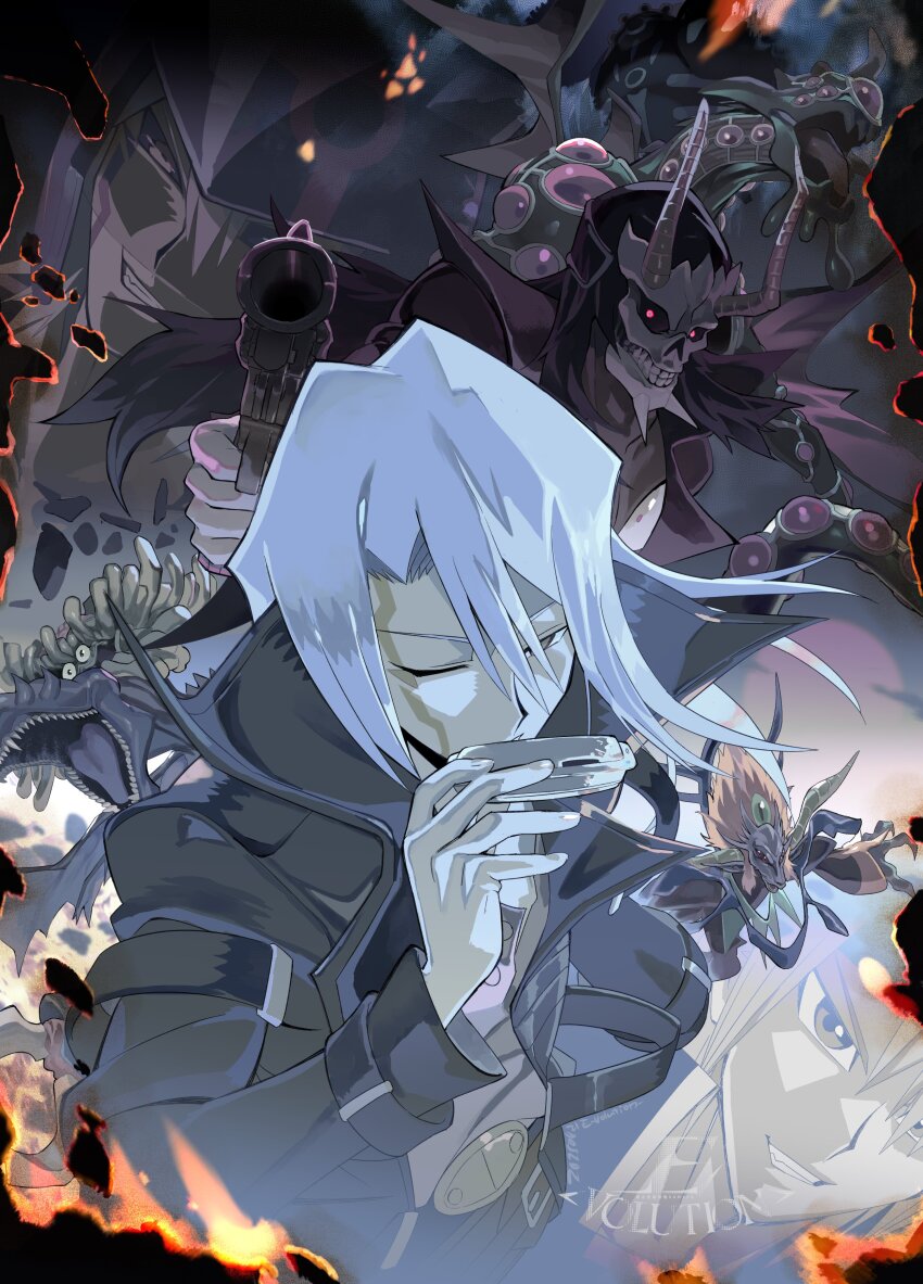 2boys absurdres artist_logo belt_buckle black_coat buckle character_request coat cowboy_shot e_volution glowing glowing_eyes grey_hair gun harmonica highres holding holding_gun holding_weapon infernity_doom_dragon instrument kiryu_kyosuke logo male_focus medium_hair multiple_boys multiple_views one_eye_closed red_eyes solo_focus upper_body weapon yu-gi-oh! yu-gi-oh!_5d&#039;s