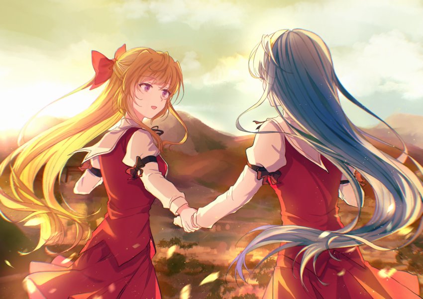 2girls absurdres blonde_hair blue_hair floating_hair from_behind hairband half_updo highres himemiya_chikane holding_hands kannazuki_no_miko kurusugawa_himeko leaf long_hair long_sleeves mountain multiple_girls ototachibana_academy_school_uniform outdoors puffy_long_sleeves puffy_sleeves purple_eyes red_skirt school_uniform sidelocks skirt skirt_set sky sunlight twilight very_long_hair wind ye_(pixiv4862539) yellow_hairband