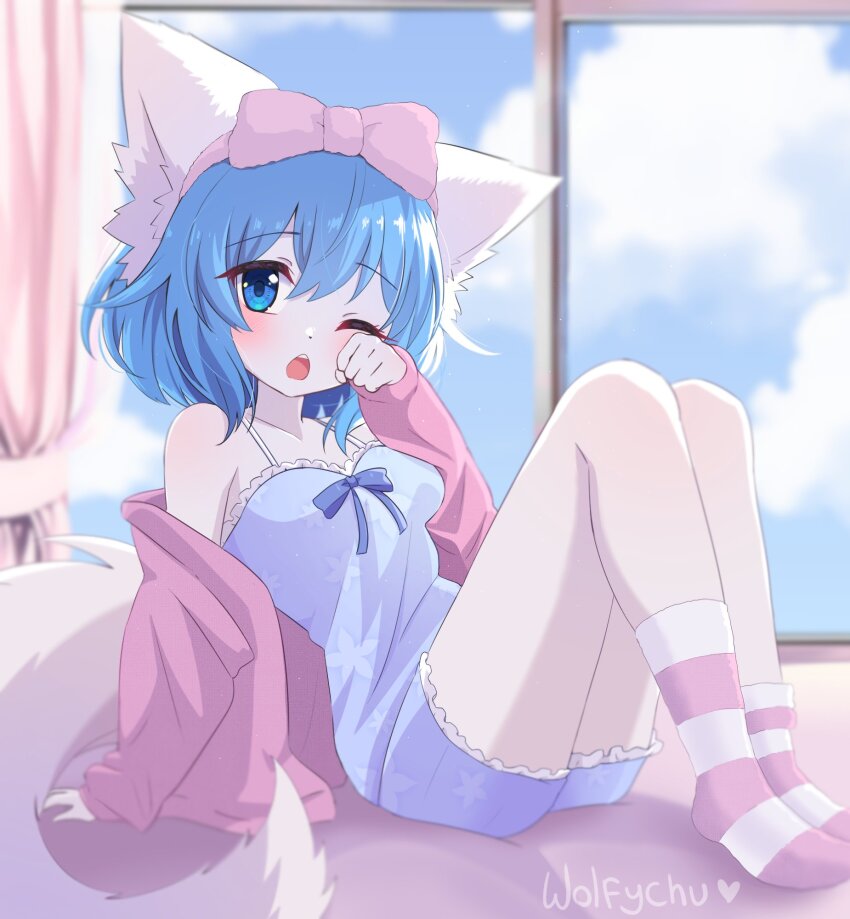 1girl ;o animal_ear_fluff animal_ears blue_eyes blue_hair blue_nightgown bow commentary english_commentary hair_bow highres indie_virtual_youtuber jacket light_blush nightgown off_shoulder one_eye_closed open_clothes open_jacket pale_skin pink_bow sleepy socks striped_clothes striped_socks tail thighs virtual_youtuber wolf_ears wolf_girl wolf_tail wolfychu wolfychu_(artist)