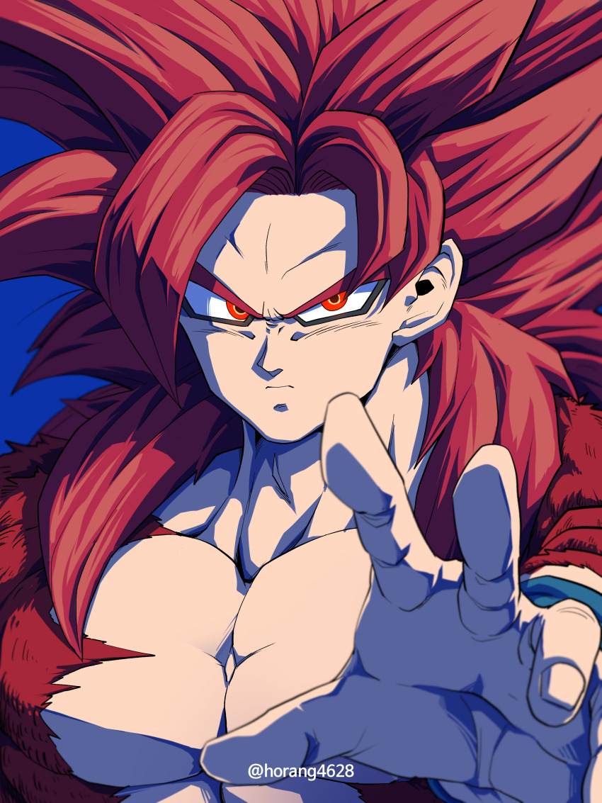 1boy absurdres artist_name blue_background close-up closed_mouth collarbone dragon_ball dragon_ball_daima facial_mark highres horang4628 looking_at_viewer male_focus pectorals reaching reaching_towards_viewer red_eyes red_fur red_hair solo son_goku super_saiyan super_saiyan_4 topless_male v-shaped_eyebrows wristband