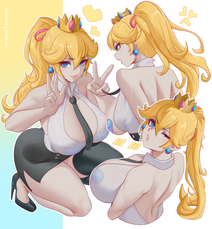 1girl absurdres alternate_costume bare_shoulders black_necktie black_skirt black_thighhighs blonde_hair blue_eyes blue_pasties breasts crown double_v food fruit hair_between_eyes heart_pasties high_heels highres large_breasts long_hair mario_(series) melowh mini_crown multiple_views necktie nintendo one_eye_closed pasties peach pencil_skirt ponytail princess_peach puckered_lips shirt single_thighhigh skirt sleeveless sleeveless_shirt thighhighs v white_shirt