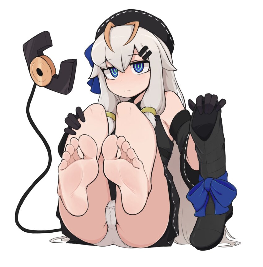 1girl armpit_crease bare_legs bare_shoulders barefoot black_boots black_dress black_gloves black_hat blue_bow blue_eyes blush boots bow cameltoe closed_mouth commentary commission detached_sleeves dress english_commentary feet feet_up foot_focus full_body gloves grey_hair hair_between_eyes hair_ornament hair_tubes hairclip hand_on_own_knee hat highres holding holding_boots holding_footwear holding_unworn_clothes knees_up long_hair looking_at_viewer on_ground original panties ringed_eyes short_hair simple_background sitting softhanten soles solo tail toenails toes underwear unworn_boots very_long_hair white_background white_panties wide_sleeves