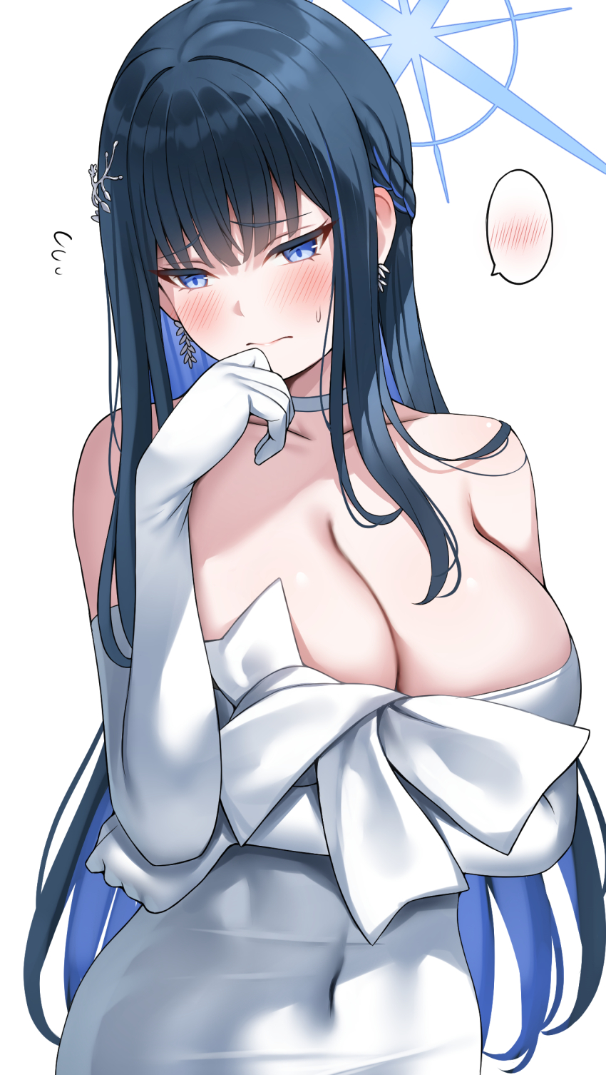 1girl bare_shoulders black_hair blue_archive blue_eyes blue_hair blush breasts choker cleavage closed_mouth collarbone colored_inner_hair covered_navel dress earrings elbow_gloves gloves hair_ornament halo highres jewelry large_breasts long_hair multicolored_hair nano_(syoutamho) saori_(blue_archive) saori_(dress)_(blue_archive) solo white_dress white_gloves