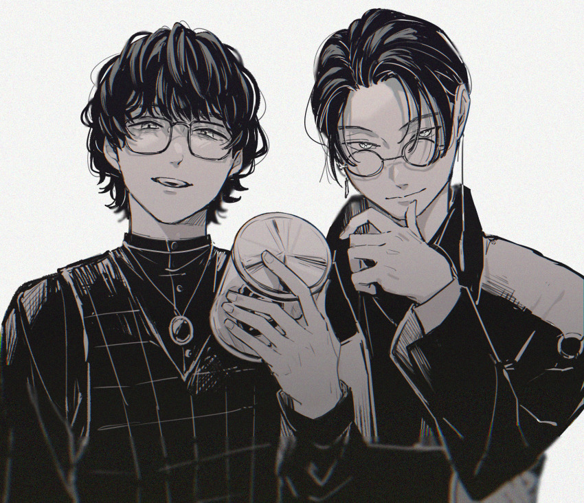 aam09212 glasses highres kamen_rider kamen_rider_gavv_(series) long_sleeves looking_at_viewer male_focus monochrome nyelv_stomach short_hair simple_background smile suga_kenzo upper_body