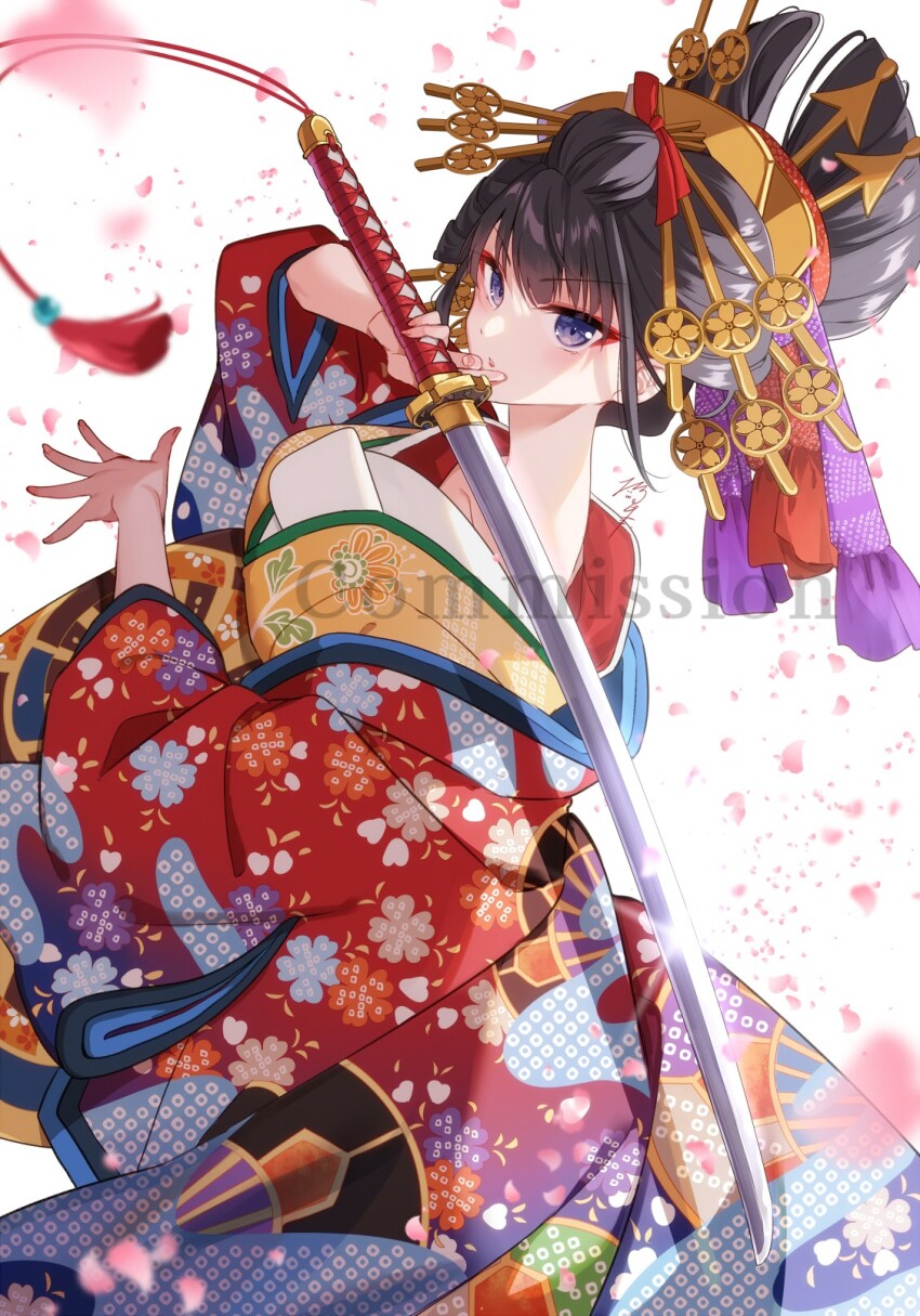 1girl black_hair commission floral_print hand_up highres holding holding_sword holding_weapon japanese_clothes katana kimono nekozuki_yuki oiran original parted_lips petals print_kimono purple_eyes red_kimono simple_background skeb_commission solo sword v-shaped_eyebrows watermark weapon white_background