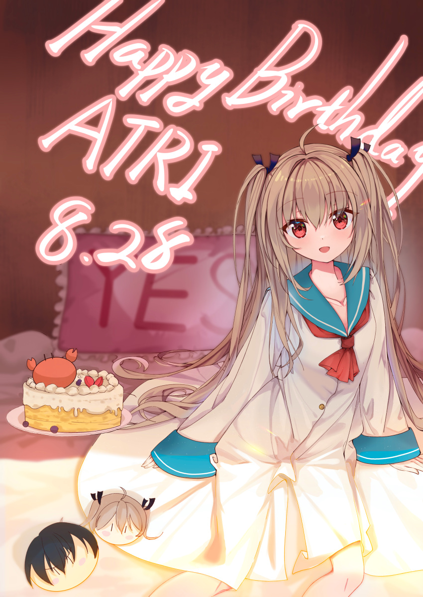 1girl :d absurdres ahoge arms_at_sides ascot atri atri-my_dear_moments- birthday birthday_cake black_bow blue_sailor_collar blueberry blurry blurry_background blush blush_stickers bow brown_hair cake character_print commentary crab dated dress eyes_visible_through_hair feet_out_of_frame food frilled_pillow frills fruit hair_between_eyes hair_bow hair_intakes happy happy_birthday highres ikaruga_natsuki indoors long_hair looking_at_viewer on_bed open_mouth pillow pink_pillow pokemongundam red_ascot red_eyes sailor_collar sailor_dress sitting sleeves_past_wrists smile solo straight_hair strawberry two_side_up very_long_hair white_dress wide_sleeves yes yes-no_pillow |_|