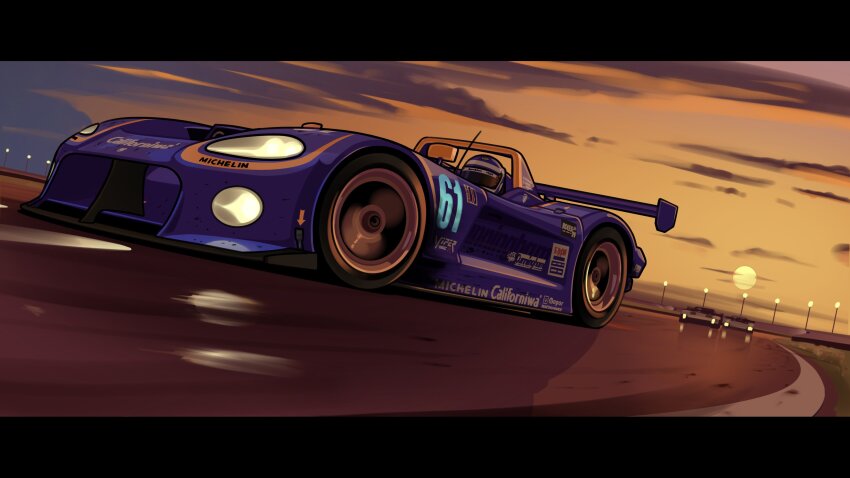 1girl absurdres arhentol arrow_(symbol) car cloud daytona_international_speedway dodge_(company) dodge_viper helmet highres imsa_sportscar_championship le_mans_prototype letterboxed michelin motion_blur motor_vehicle original race_vehicle racecar racetrack radio_antenna raelyn_cunningham_(arhentol) shadow sky spoiler_(automobile) sun sunset