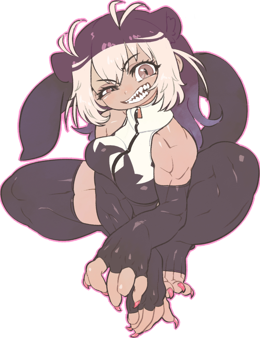 1girl animal_ears antenna_hair breasts brown_eyes brown_hair extra_ears fingernails foreshortening giant_otter_(kemono_friends) half-closed_eye head_tilt highres kemono_friends kuro_(kurojill) leaning_forward long_hair looking_at_viewer medium_breasts multicolored_hair muscular muscular_female nail_polish one-piece_swimsuit open_mouth otter_ears otter_girl otter_tail raised_eyebrow red_nails sharp_fingernails sharp_teeth sharp_toenails sidelocks simple_background smile solo spread_legs squatting swimsuit tail tan teeth thighhighs thighs toeless_legwear toenails toes twisted_torso two-tone_swimsuit unaligned_breasts white_background zipper zipper_pull_tab