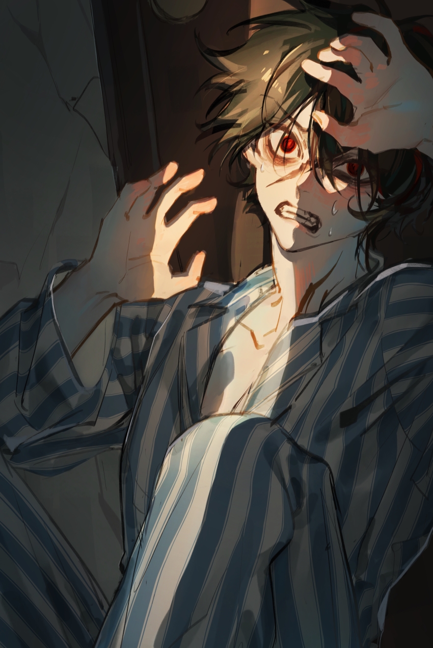 1boy 5236905043 absurdres alternate_universe black_hair chinese_commentary clenched_teeth collarbone dao_gui_yi_xian hair_between_eyes hands_up highres indoors li_huowang li_huowang_(modern_world) long_sleeves looking_at_viewer male_focus official_alternate_costume official_alternate_hair_length official_alternate_hairstyle pajamas pants red_eyes red_hair scar scar_on_face shade shirt short_hair sitting solo striped_clothes striped_pants striped_shirt sweat sweatdrop teeth