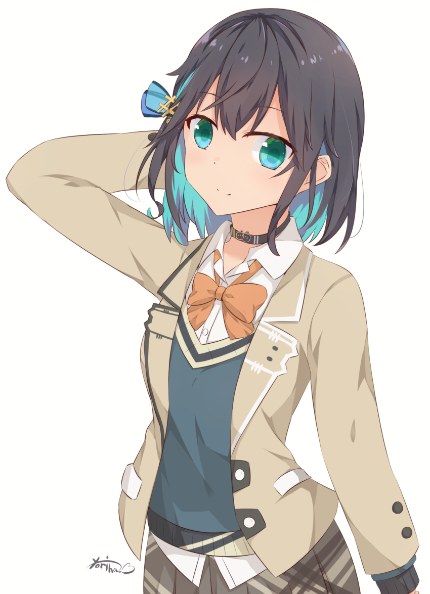 1girl arm_behind_head arm_up artist_name black_choker black_hair blue_eyes blue_hair blue_ribbon blue_sweater_vest bow bowtie buttons choker closed_mouth collared_shirt colored_inner_hair dress_shirt grey_skirt hair_ribbon highres jacket light_blue_hair long_sleeves miyamai_moca multicolored_hair open_clothes open_jacket orange_bow orange_bowtie pleated_skirt ribbon shirt short_hair simple_background skirt smile solo split_mouth sweater_vest two-tone_hair voicepeak white_background white_shirt yoriha_yashiro