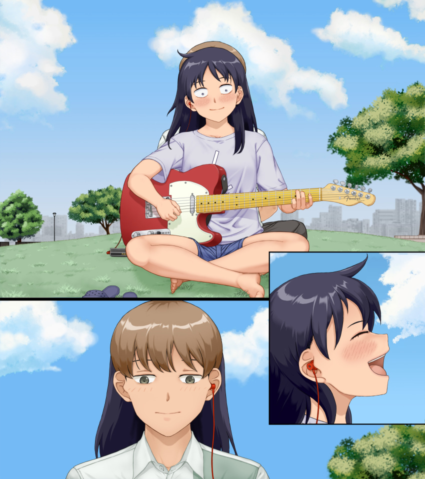 1boy 1girl absurdres back-to-back barefoot black_hair blue_shorts blue_sky blush brown_hair cityscape collared_shirt commentary_request dress_shirt earphones electric_guitar fender_musical_instruments_corporation fender_telecaster full_body futsuu_no_keion-bu grass guitar guitar_strap hatono_chihiro highres indian_style instrument long_hair multiple_views music outdoors park playing_guitar playing_instrument profile shared_earphones shirt short_sleeves shorts sitting sky smile t-shirt takami_kouki textless_version toumi_(sr) tree white_shirt