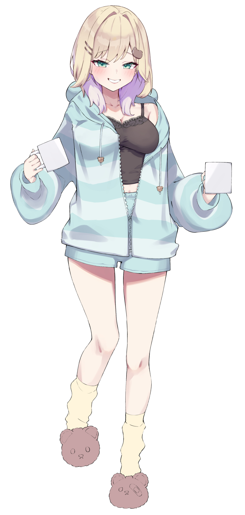 1girl absurdres aqua_hoodie aqua_shorts bear_slippers black_camisole blonde_hair blush breasts brown_slippers camisole cleavage collarbone colored_inner_hair commentary cup full_body green_eyes grin hair_ornament hairclip highres holding holding_cup hood hoodie kurumi_noah kurumi_noah_(6th_costume) large_breasts long_sleeves looking_at_viewer medium_hair midriff mug multicolored_hair nonoro_(potato461) pink_hair shorts simple_background slippers smile socks solo striped_clothes striped_hoodie teeth thighs two-tone_hair virtual_youtuber vspo! white_background yellow_socks