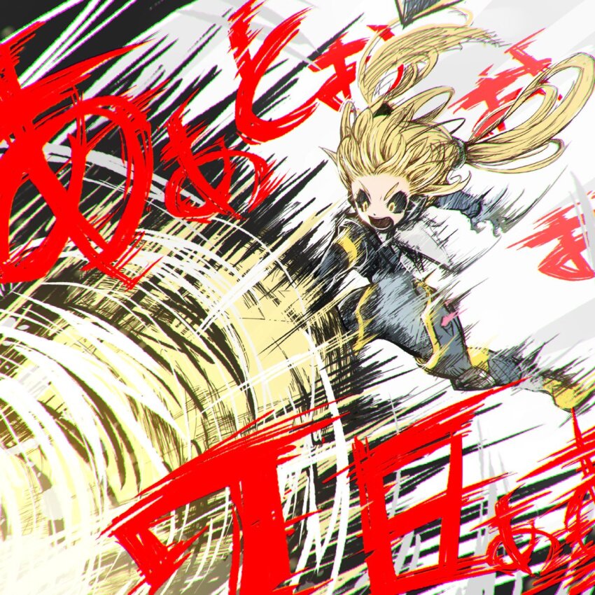 1girl artist_request azure_striker_gunvolt azure_striker_gunvolt_3 black_bodysuit black_sclera blonde_hair bodysuit colored_sclera countdown_illustration drill grazie_(gunvolt) highres long_hair official_art solo yellow_eyes