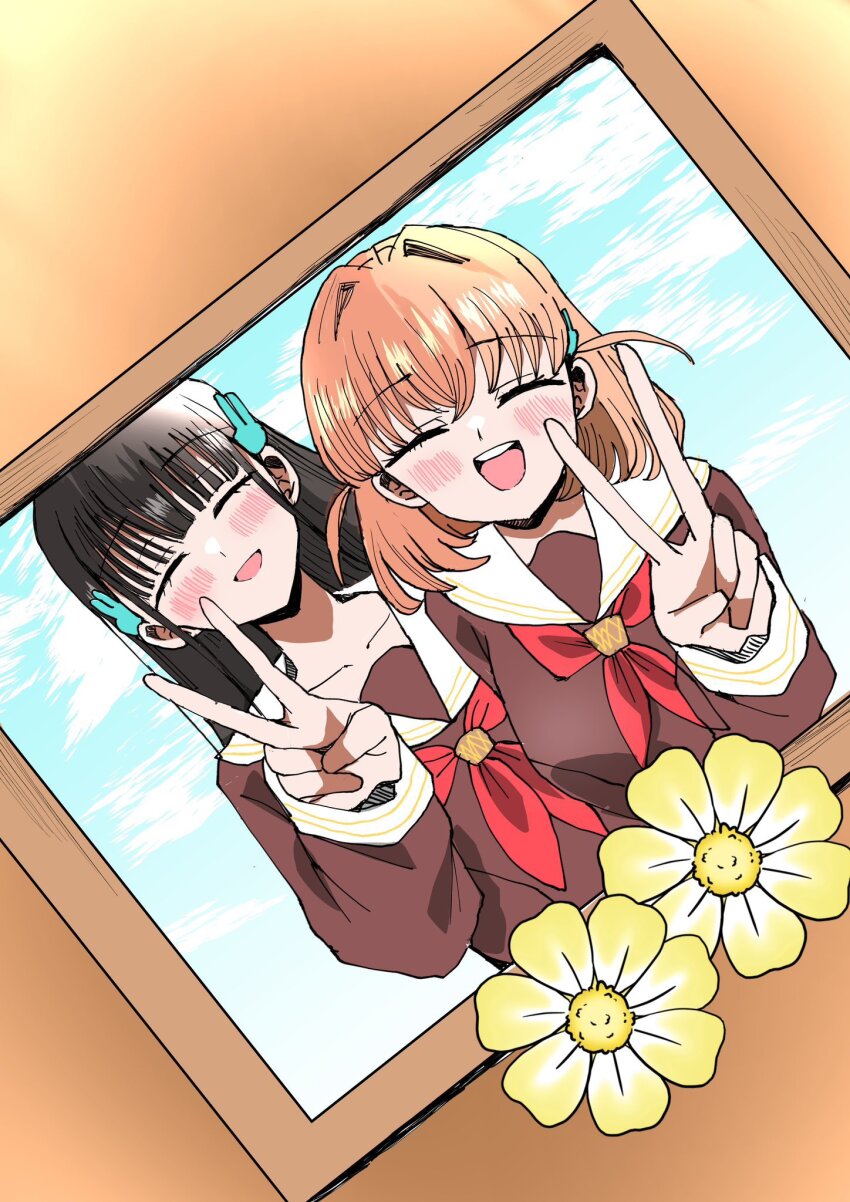 2girls animification birthday_connection black_hair brown_dress collarbone commentary dress english_commentary flower hair_intakes hair_ornament hasu_no_sora_school_uniform highres hinoshita_kaho link!_like!_love_live! long_hair long_sleeves love_live! medium_hair multiple_girls neckerchief nirei_nozomi orange_hair picture_frame rabbit_hair_ornament real_life red_neckerchief rikku_ito sailor_collar sailor_dress school_uniform two_side_up v virtual_youtuber voice_actor voice_actor_connection white_sailor_collar winter_uniform yellow_flower