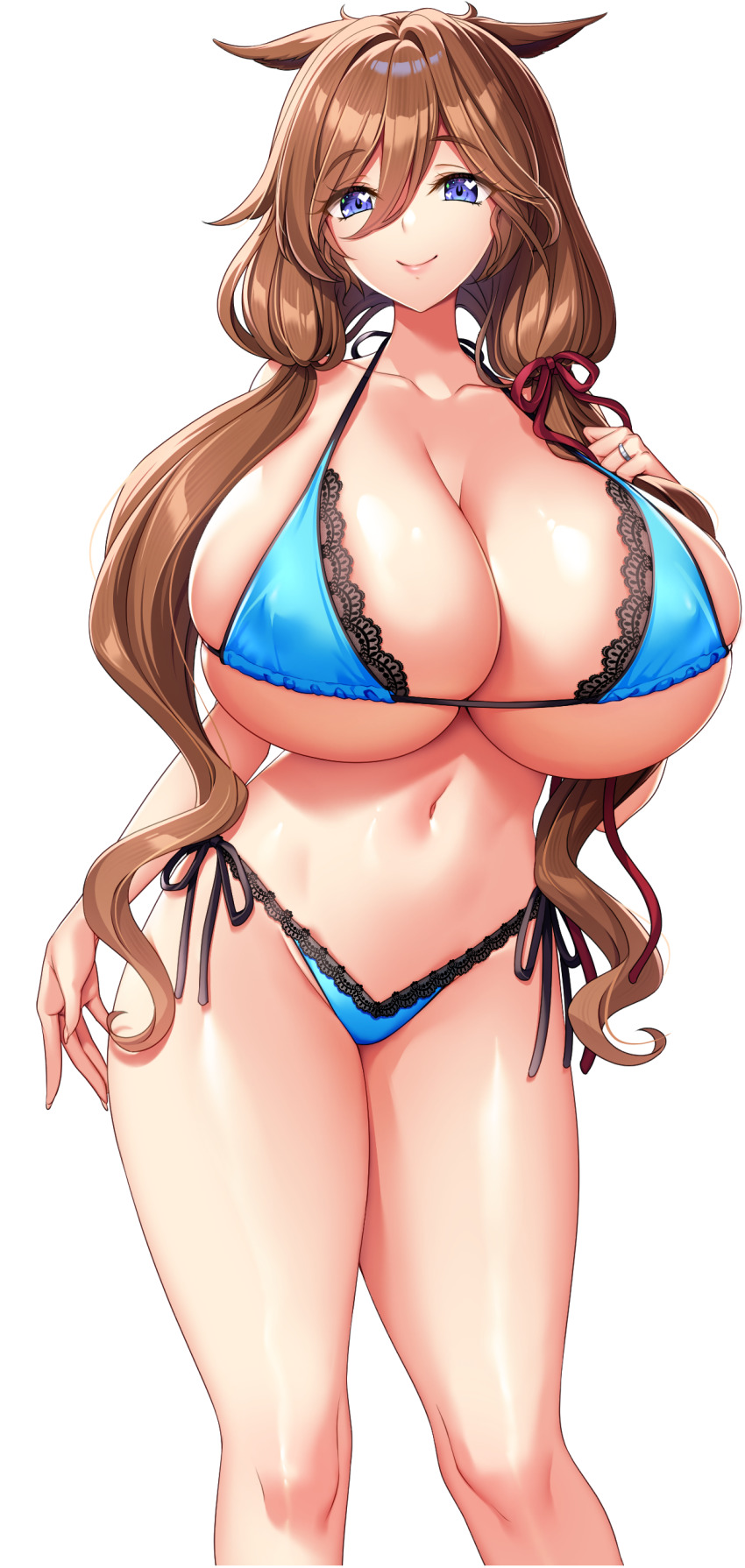 1girl absurdres akagi_rio animal_ears arm_at_side arm_up bikini blue_bikini blue_eyes breasts brown_hair cleavage closed_mouth covered_erect_nipples fake_animal_ears game_cg hair_ribbon heart heart_in_eye highres huge_breasts jewelry lace_trim long_hair looking_at_viewer low-tied_sidelocks messy_hair milk_factory motto!_haramase!_honoo_no_oppai_isekai_oppai_maid_gakuen! navel non-web_source official_art red_ribbon ribbon ring saizel_haurisia side-tie_bikini_bottom sidelocks skindentation smile solo swimsuit symbol_in_eye transparent_background twintails underboob wedding_ring