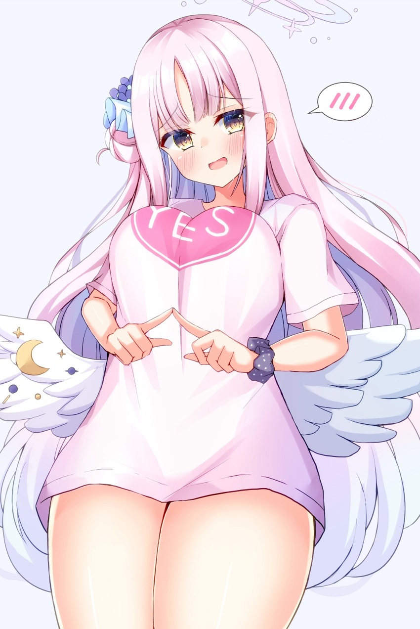 1girl angel_wings black_scrunchie blue_archive blunt_bangs blush breasts bright_pupils commentary cosplay cowboy_shot crescent curvy flower hair_bun hair_flower hair_ornament halo heart heart_print highres index_fingers_together large_breasts long_hair looking_at_viewer mika_(blue_archive) open_mouth pink_hair pink_halo pink_shirt purple_flower scrunchie shiinyan shirt short_sleeves shy simple_background single_side_bun smile solo speech_bubble spoken_blush straight_hair tanikaze_amane tanikaze_amane_(cosplay) tenshi_souzou_re-boot! thighs white_background white_wings wings wrist_scrunchie yellow_eyes yes
