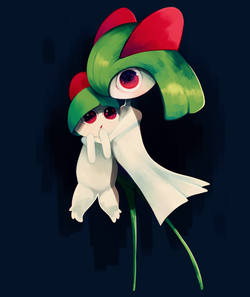 black_background bowl_cut carrying clem_(calmeremerald) colored_skin gen_3_pokemon green_hair green_skin highres horns kirlia multicolored_skin nintendo no_feet parted_lips pink_eyes pokemon pokemon_(creature) ralts sidelocks simple_background two-tone_skin white_skin