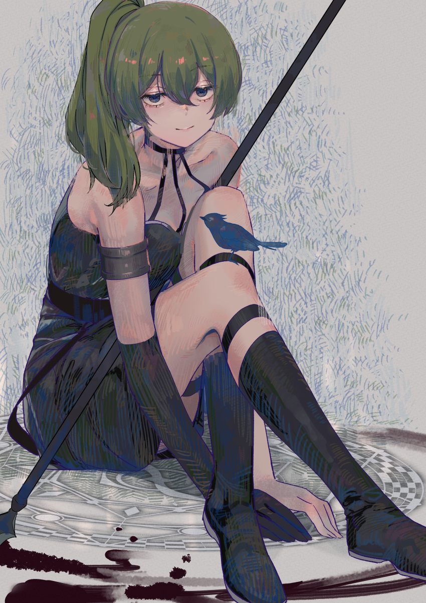 1girl absurdres armlet bird bird_on_knee black_boots black_choker black_dress black_gloves boots choker commentary dress eyelashes full_body gloves green_hair highres jewelry jitome knees_to_chest long_hair looking_at_viewer magic_circle muted_color oshiri_seijin pleated_dress polearm single_glove smile solo sousou_no_frieren spear suspenders_hanging thigh_strap ubel_(sousou_no_frieren) weapon