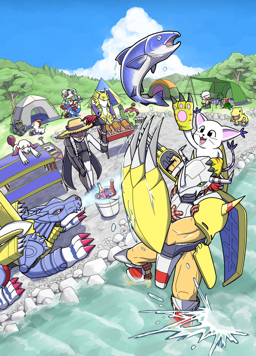 absurdres agumon andromon armor betamon claws digimon digimon_(creature) fish fishing gaomon gomamon gottsumon green_eyes happy hat highres horns jijimon labramon ladydevimon looking_at_another metalgarurumon palmon renamon sharp_teeth smile teeth wargreymon