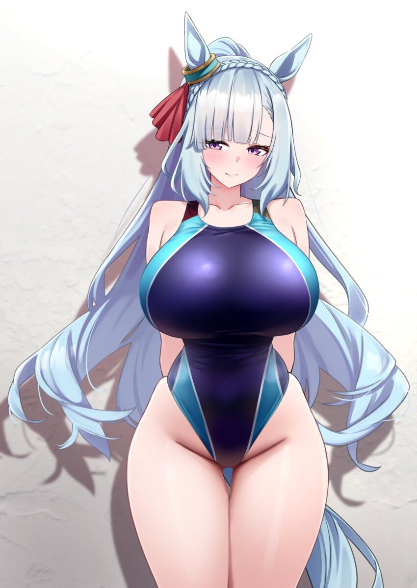1girl animal_ears arms_behind_back blue_hair blue_one-piece_swimsuit blue_tail blush breasts closed_mouth commentary_request competition_swimsuit herohero_(higashi_no_dou) highleg highleg_one-piece_swimsuit highres horse_ears horse_girl horse_tail large_breasts long_hair mejiro_ardan_(umamusume) multicolored_swimsuit one-piece_swimsuit ponytail purple_eyes skindentation solo swimsuit tail thigh_gap thighs umamusume very_long_hair