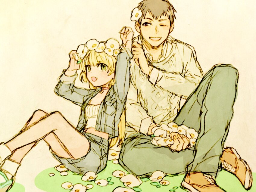 1boy 1girl blonde_hair flower flower_wreath gacho_p grey_hair hair_flower hair_ornament head_wreath highres holding holding_flower idolmaster idolmaster_cinderella_girls jacket jougasaki_rika long_hair one_eye_closed open_clothes open_jacket shingen_seiji shoes sitting sketch skirt smile sneakers sweater