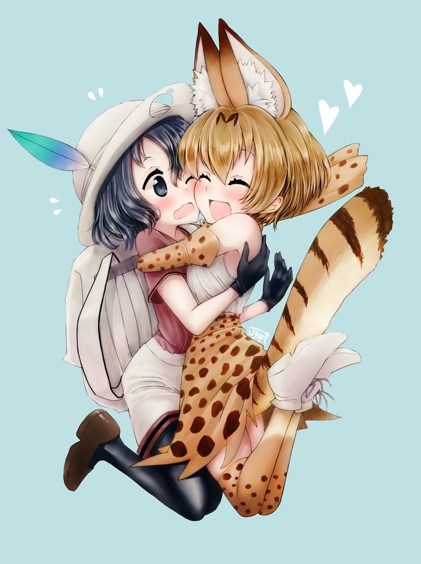 10s 2girls :d ^_^ animal_ears animal_print aqua_background bare_shoulders black_eyes black_gloves black_hair black_legwear blonde_hair blush bow bowl bowl_hat bowtie brown_footwear closed_eyes elbow_gloves facing_another feathers flying_sweatdrops gloves hair_between_eyes hand_on_another&#039;s_back hat hat_feather heart high-waist_skirt highres hug jupiponi kaban_(kemono_friends) kemono_friends legs_up loafers looking_at_another miniskirt multicolored_gloves multicolored_hair multicolored_legwear multicolored_skirt multiple_girls one_eye_closed open_mouth pantyhose pantyhose_under_shorts raised_eyebrows red_shirt ribbon ribbon_shoes serval_(kemono_friends) serval_tail shirt shoes short_hair short_sleeves shorts signature simple_background skindentation skirt sleeveless sleeveless_shirt smile spots t-shirt tail thighhighs tongue two-tone_hair wavy_mouth white_footwear white_hat white_ribbon white_shirt white_shorts yellow_skirt zettai_ryouiki